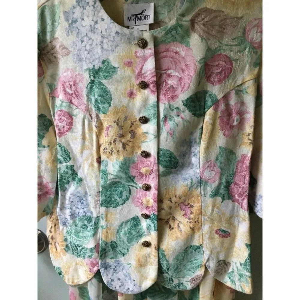 vintage MR MORT Size 6 floral skirt set jacket sheer skirt large flower